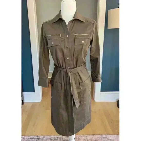 Etcetera Size 4 Bonvoyage Military Style Olive Green Snap Front Dress - Picture 2 of 11